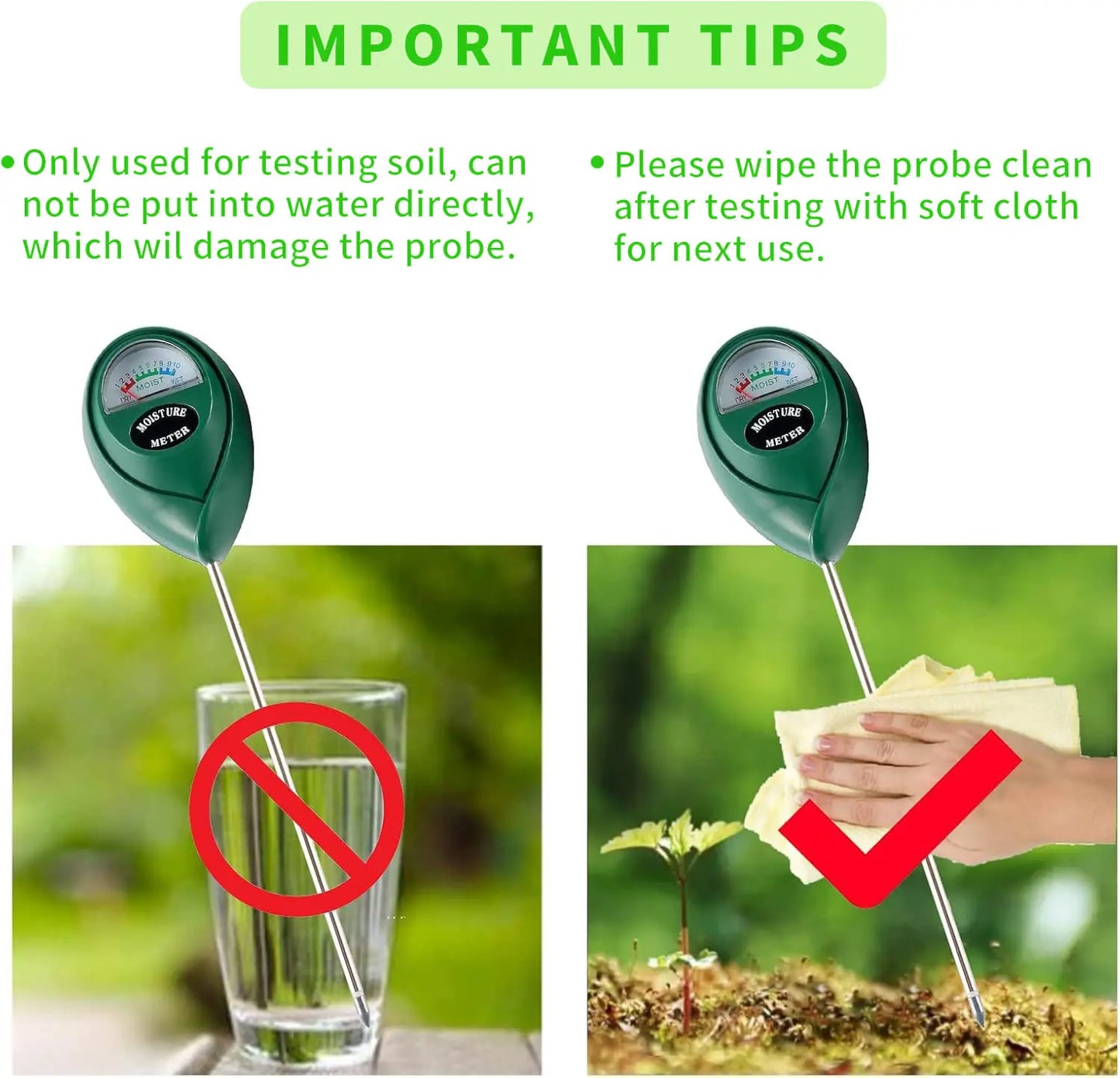 Soil Moisture Meter, Hygrometer Sensor for Plant Care, Indoor Outdoor Potted Plants, Gardening & Lawn, No Battery Required (Green)