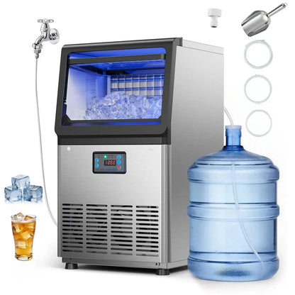 【Summervibes】Vevor Commercial Ice Maker Machine, 130Lbs/24H with 33Lbs Storage, 45 Cubes per Cycle, Stainless Steel Freestanding & under Counter Ice Maker with LED Display & Self-Cleaning, for Home Bar Restaurant
