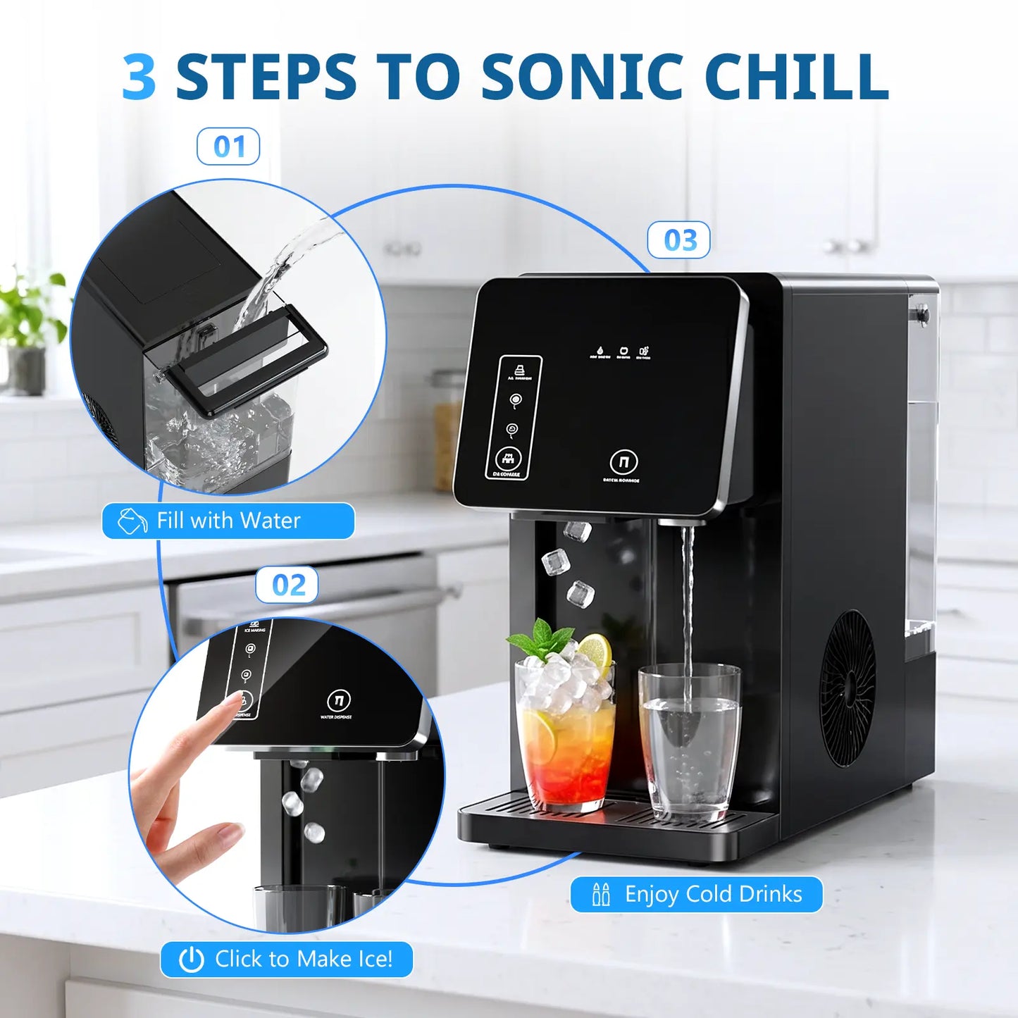 COWSAR Countertop Bullet Ice Maker & Water Dispenser, 3.3L Tank, 9 Bullet Ice Cubes Ready in 8-12 Mins, 26Lbs/Day, Portable Ice Machine for Home Kitchen Office